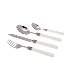 three forks and two spoons on a white surface