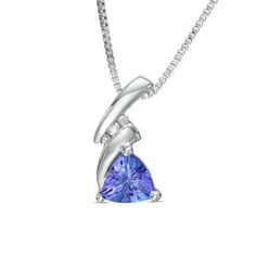 Dainty yet dazzling, this vibrant gemstone pendant appeals to her sophisticated taste. Crafted in sterling silver, this modern style highlights a striking 6.0mm trillion-cut violet-purple tanzanite. A pair of polished tapered details - embellished with a trio of petite channel-set diamond accents - glisten above the center stone to complete this art deco-inspired look. Buffed to a brilliant luster, this sparkling design suspends along an 18.0-inch box chain that secures with a spring-ring clasp. Trillion Cut Tanzanite Jewelry In White Gold, Trillion Cut Tanzanite White Gold Jewelry, Tanzanite Jewelry With Tension Setting For Anniversary, Zales Zales, Clear Crystal Necklace, Accent Art, Tanzanite Jewelry, Art Deco Pendant, Natural Stone Jewelry