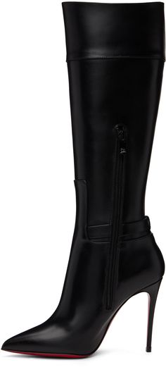 Handcrafted knee-high buffed calfskin boots in black. · Pointed toe · Logo-engraved ankle strap · Zip closure at inner side · Covered stiletto heel with rubber injection · Signature red leather sole · Heel: H4 in Supplier color: Black Luxury High Heel Knee-high Boots For Business, Black Calf Leather Heeled Boots With High Shaft, Black Heeled Boots With High Shaft In Calf Leather, Black High Shaft Calf Leather Heeled Boots, Elegant Black High Shaft Platform Boots, Luxury High Heel Mid-calf Boots For Formal Occasions, Luxury Fitted Black Mid-calf Boots, Fitted Calf Leather High Heel Platform Boots, Black Luxury Mid-calf Boots For Formal Wear