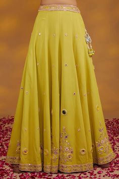 Yellow georgette lehenga with an attached cancan, tonal and contrasting floral pattern and mirror hand embroidery work. Comes with a matching embroidered padded blouse and a dupatta. - Aza Fashions Wedding Georgette Skirt With Traditional Drape, Georgette Long Skirt For Reception, Festive Skirt With Cutdana For Reception, Festive Cutdana Skirt For Reception, Anarkali Floor-length Georgette Skirt, Georgette Skirt With Traditional Drape For Reception, Reception Skirt In Georgette With Traditional Drape, Traditional Georgette Skirt For Wedding, Traditional Georgette Wedding Skirt