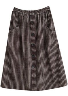 Style Brown StripedButton CottonLinen Skirts SummerFabric: Cotton 45%, Linen 55%Size & Fit: This garment fits true to size.Length: Size 5XL measures 30.42"from waist to hem.Waist:Fitted - elastic waist allows stretch Hip: Loosely Fitted. room for hips. Hand Wash Cold.