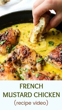 french mustard chicken recipe in a cast iron skillet with text overlay that reads, french mustard chicken recipe