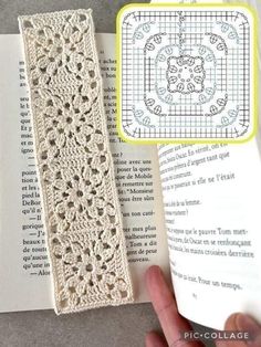 an open book with some crochet on it and a hand holding the cover