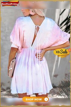 New Tie Dye V-neck Bat Sleeve Swing Mini Dress Bat Sleeve, Loungewear Set, Best Deal, Picture Sizes, Skirt Pants, Long Tops, Pant Jumpsuit, Bat, Long Sleeve Tops