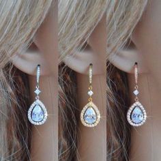 White Yellow or Rose Gold Pear Cut Halo Cubic Zirconia CZ Dangle Teardrop Bridal Earrings, Necklace, White Teardrop Earrings For Party, White Drop Teardrop Earrings For Party, Rose Gold Teardrop Cubic Zirconia Earrings, Rose Gold Cubic Zirconia Teardrop Earrings, Elegant Rose Gold Teardrop Earrings With Cubic Zirconia, Elegant Rose Gold Teardrop Earrings, Sparkling Diamond White Teardrop Bridal Earrings, Diamond White Teardrop Earrings, Diamond White Teardrop Earrings As Gift