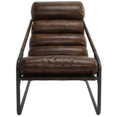 a brown leather chair with metal legs