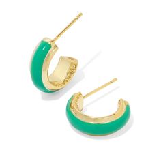 Amp up your earring game with the Kendra Scott Ainsley Huggie Earrings in White Enamel. The minimal huggie style goes bold with hand-painted enamel embellishments, and the sides feature our signature hoofprint detailing for added texture. Lightweight enough for all-day wear, this pair will take any look from everyday to occasion ready. Metal - 14k Yellow Gold Over Brass Material - Green Enamel Closure - Ear Post Size - 0.59 Inches in Length and 0.56 Inches in Width Note - Due to the one-of-a-kin Tech Accessories Gadgets, Hoof Print, Dune Jewelry, Gold Huggie Earrings, Huggie Earrings Gold, Kendra Scott Earrings, Fall Accessories, Huggie Earrings, Green Enamel