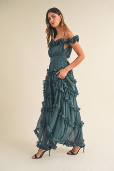 Romantic frills enliven this tiered maxi dress done in a flow-y fabric and trimmed in cascading ruffles. • Adjustable Straps• Ruffled Off Shoulder Neck line• Belted Tie Back Waist• Tiered Ruffle Details• Lined• Back Zipper• Approximately 42" length from waist down Tiered Frill Dress, Teal Boho Dress, Teal Clothes Aesthetic, Smart Casual Outfits For Women, New Year Fashion, Teal Outfits, Off Shoulder Bridesmaid Dress, Ruffles Bridesmaid Dresses, Teal Bridesmaid