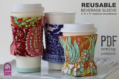 three coffee cups sitting on top of a white tray with the words reusable beverage sleeve