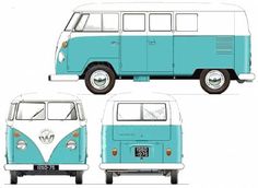 a blue and white vw bus is shown in three different views, including the front and back