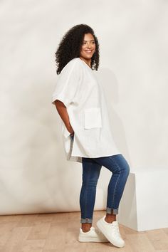 STYLE DETAILS: Enjoy carefree summer days in style with the Halcyon Relaxed Top, crafted from 100% linen. Its relaxed fit and contemporary tunic design, featuring high-side vents, ensure you stay cool and comfortable all season long. Pair it with matching linen shorts or loose pants for an effortless look perfect for soaking up the sun and embracing those relaxed summer vibes. FEATURES: Round neck Elbow-length sleeves Patch pocket High side vents Relaxed fit 100% Linen One Size Casual Linen Dress For Vacation, Casual Ramie Linen Dress For Vacation, Relaxed Fit Linen Dress For Spring Day Out, Beach Ramie Tops With Relaxed Fit, Casual Linen Dress For Everyday Spring Wear, Casual Spring Linen Everyday Dress, Oversized Casual Linen Beach Dress, Oversized Casual Linen Dress For Beach, White Relaxed Fit Linen Dress