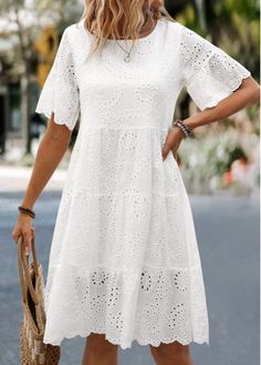 Color:White;Size:S;Size:M;Size:L;Size:XL;Size:2XL;Package Contents:1 X Dress;Occasion:Other;Style:Bohemian; White Hollow Out Mini Dress For Vacation, White Hollow Out Dress For Day Out, White Eyelet Dress For The Beach, White Eyelet Beach Dress, White Hollow Out Mini Dress, Casual Eyelet Dress With Short Sleeves, White Hollow Out Mini Dress For Spring, White Hollow Out Dress For Spring, White Hollow Out Knee-length Dress