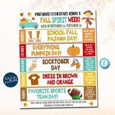 "This cute and fun daily/weekly fall spirit week itinerary calendar is a great way for kids to show their positive autumn cheer during the fall season! You can print and send home with families and/or upload digitally to send out to families/students. WANT THE BUNDLED SET OF ALL 10 HOLIDAY/SEASONAL SPIRIT WEEK TEMPLATES? FIND IT HERE: https://www.etsy.com/listing/1514818447/school-spirit-week-bundle-set-seasonal?click_key=16c9a6bd95f1b74d7898af7b6fca5ba5bc6f6cc4%3A1514818447&click_sum=ed9f59a1&r Dress Up Days For School Spirit Weeks, Dress Up Days For School, Fall Planner, Wednesday Dress, Spirit Day