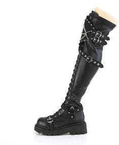 2 1/2" Tiered Platform Lace-Up Over-The-Knee Boots, Inside Zipper - Fit Guide: True to Size - Heel Height: 2 1/2" Platform - Brand: Demonia - Shown in Women's Sizes - Country of Origin: Imported Black Faux Leather Boots For Concerts, Black Faux Leather Boots With Metal Details, Black Knee-high Platform Boots With Rivets, Black Riveted Knee-high Platform Boots, Black Faux Leather Boots With Rivets, Natural Skin Care Ingredients, Leather Knee Boots, Knee Boot, Black Vegan