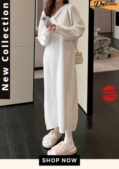 Urban Loose Long Sleeves Solid Color V-neck Sweater Dresses Winter Typ, Stage Costume, Sweater Dresses, Urban Dresses, Round Neck Sweaters, Knit Skirt, Types Of Skirts, Long Sweaters, V Neck Sweater