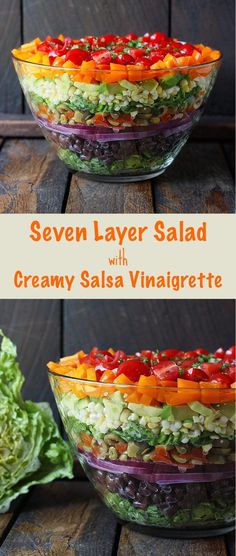 two bowls filled with different types of salads on top of a wooden table next to lettuce and tomatoes