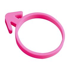 a pink plastic ring with an arrow on the top and one end pointing up to the camera