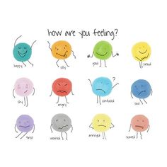 an image of different colored balls with faces and words written on the front, below which says how are you feeling?