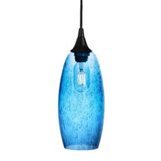 a blue glass light hanging from a ceiling