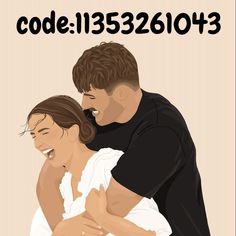 a man holding a woman in his arms with the words code 1230103