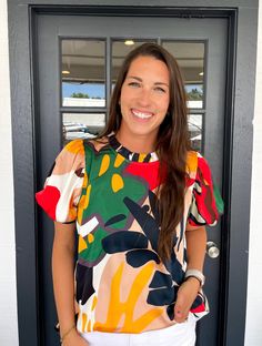 Colorful print top with a frilled neck, back yoke and shirring detail, short puffed sleeves, smocked cuffs.- Unlined, sheer, lightweight. Chelsea is wearing a size Large. Height is 5’8, Bust is 36”, Waist 28” - 29”, and Hips 42”. Christmas Deals, Puffed Sleeves, Shoes With Jeans, Last Call, New Arrival Dress, Dress Romper, Print Top, Print Tops, Smocking