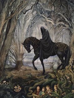 a painting of a man riding on the back of a black horse in a forest