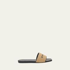 Givenchy "4G" sandals in raffia-like cotton and nylon  Flat heel Open toe Single band vamp with logo  Lining: Goat leather Slide style  Made in Italy Goat Leather, Leather Slides, Flat Sandals, Givenchy, Open Toe, Tops Designs, In Italy, Italy, Sandals