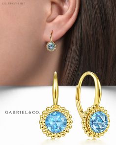 14K Yellow Gold Fashion Earrings EG13995Y4JBT #GabrielNY #DiamondJewelry #FineJewelry #GabrielAndCo #UniqueJewelry #FineJewelry#FashionJewelry#UniqueJewelry#GiftIdeas#UniqueGifts  #DiamondJewelry #Jewelry  #Earrings #FashionEarrings #FashionEarrings#GoldEarrings#GoldFashionEarrings #YellowGoldEarrings#YellowGoldFashionEarrings Luxury Yellow Gold Round Beads Earrings, Luxury Fine Jewelry With Round Beads, Beaded Frame, Blue Topaz Earrings, Leverback Earrings, Gold Fashion, Blue Topaz, Shop Earrings, Fashion Earrings