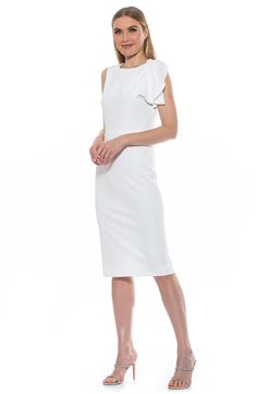 A draped sleeve cascades along a single side of this flattering sheath dress styled in a midi length. 43" length (size X-Small) Crewneck Single draped sleeve Lined 95% polyester, 5% spandex Machine wash, dry flat Imported Model stats: 5'10" height, 32" bust, 25" waist, 36" hip. Model is wearing size X-Small. Chic Fitted Midi Dress With Flutter Sleeves, Fitted Flutter Sleeve Midi Dress For Evening, Fitted Midi Dress With Flutter Sleeves For Evening, Feminine Fitted Midi Dress With Flutter Sleeves, Fitted Midi Dress With Flutter Sleeves For Cocktail, Flutter Sleeve Midi Dress For Formal Occasions, White Knee-length Midi Dress For Cocktail, Elegant Flutter Sleeve Midi Dress For Party, White Draped Sleeve Dress For Spring