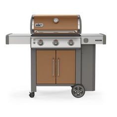 an outdoor grill with two doors on the side and one door open to show it's cooking area