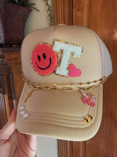 Women's Custom Bling Trucker Hat With Hat Chains Initial Hat, Smiley Face Hat, Heart Hat, Pearl Hat - Etsy Trendy Gold Baseball Cap With Curved Brim, Trendy Adjustable Gold Baseball Cap, Trendy Adjustable Gold Hats, Trendy Gold Snapback Baseball Cap, Adjustable Gold Hats For Gifts, Adjustable Gold Hats As Gift, Trendy Customizable Baseball Cap For Gifts, Trendy Personalized Adjustable Hats, Custom Adjustable Snapback Hat Gift