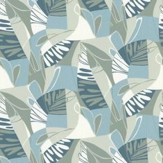 a blue and white wallpaper with abstract leaves on it's side, in shades of grey