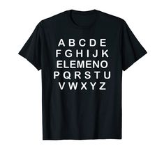 a black t - shirt with white letters that spell out the word abc, f, g