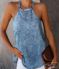 Halter Neck Daisy Print Loose Denim Camisole P12233 Halter Neck Pattern, Daisy Print, Halter Neck, Ladies Tops Fashion, Daisy, Blue Color, Sleeve Length, Tank Tops, Clothes