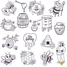 the bees and honey symbols are drawn in black ink