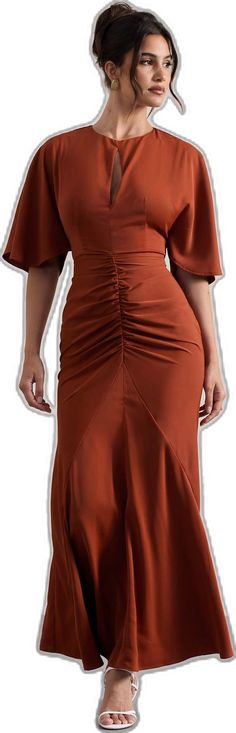 Elegant Brown Ruched Midi Dress, Elegant Orange Ruched Midi Dress, Formal Brown Ruched Midi Dress, Elegant Orange Ruched Dress, Ruched Solid Maxi Dress For Brunch, Elegant Orange Flowy Midi Dress, Elegant Flowy Orange Midi Dress, Brown Maxi Dress For Brunch, Brown Maxi Dress For Date Night