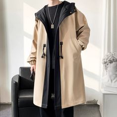 Size 			Bust 			Length 			Shoulder 			Sleeve Length 		 		 			cm 			inch 			cm 			inch 			cm 			inch 			cm 			inch 		 		 			XS(US)/M(Japan) 			112 			44.1   			93 			36.6   			52 			20.5   			56 			22.0   		 		 			S(US)/L(Japan) 			116 			45.7   			95 			37.4   			53.5 			21.1   			57 			22.4   		 		 			M(US)/XL(Japan) 			120 			47.2   			97 			38.2   			55 			21.7   			58 			22.8   		 		 			L(US)/2XL(Japan) 			124 			48.8   			99 			39.0   			56.5 			22.2   			59 			23.2   		 		 			XL(US)/3XL(Japan) 			128 			50.4   			101 			39.8   			58 			22.8   			60 			23.6   		 	  Note: Please according to your measurements choose your suitable size.  Material: Polyester Type: Loose Style: Casual Long Outerwear, Mens Fashion Coat, Streetwear Spring, Overcoat Men, Men's Streetwear, Hooded Trench Coat, Trench Coat Men, Men Streetwear, Coat Men