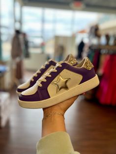 Miel Purple Gameday Sneakers | gussieduponline Purple Sneakers, Gold Sneakers, Purple And White, White Sneakers, Athletic Shoes, Sneakers, Purple, Best Deals, Gold