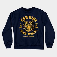 Hawkins High School ✅ - If you are fan of Eleven and Friends, you will enjoy this retro design with the team sports. You can wear on T-shirts, Hoodies, Tanks and more cool stuff right now!!! -- Choose from our vast selection of crewneck sweatshirts to match with your favorite design to make the perfect custom graphic crewneck sweatshirt. Pick your favorite: Crewneck Sweatshirt or Lightweight Crewneck Sweatshirt. Customize your color! For men and women. Crew Neck T-shirt With University Logo For Fall, College Crew Neck T-shirt With Letter Print, Sporty Winter T-shirt For College, Collegiate Winter T-shirt For Streetwear, Collegiate Crew T-shirt For Fan Gear, Fan Gear Graphic Print Crew T-shirt, Team-colored Sweatshirt With Team Logo, Team-colored Sweatshirt With Team Logo For Fans, Fan Gear T-shirt With Team Logo