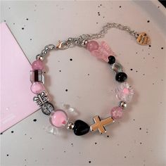 Material: Acrylic Trendy Metal Beaded Bracelets, Trendy Pink Metal Bracelets, Trendy Pink Metal Bracelet, Cute Black Bracelet Jewelry, Trendy Crystal Bracelet For Party, Casual Pink Party Jewelry, Trendy Pink Crystal Bracelet For Jewelry Making, 2000s Accessories, Goth Harajuku