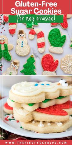 gluten free cut out sugar cookies pin with overlay text Gluten Free Christmas Baking, Dairy Free Sugar Cookies, Gluten Free Christmas Desserts, Gluten Free Sugar Cookies, Gluten Free Holiday, Gluten Free Cookie Recipes, Gluten Free Christmas, Sugar Free Cookies