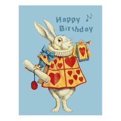 a happy birthday card with a white rabbit holding a piece of paper in its hand