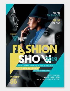 the fashion show flyer is displayed on a gray background