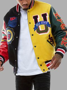 Like multi-shades?? Yellow, red, green, and black which one? We are giving all in one piece. Varsity Jacket Outfit, Designer Outerwear, Men's Streetwear, Streetwear Collection, Collection Ideas, Trim Jacket, Mode Casual, Letterman Jacket, Baseball Jacket