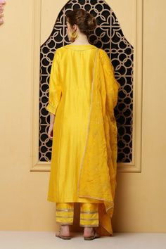 Shop for Kefi Collections Yellow Kurta Angana Silk Chanderi Angrakha Set for Women Online at Aza Fashions Plain Kurta, Yellow Kurta, Chanderi Dupatta, Border Embroidery, Yellow Silk, Embroidered Dupatta, Cut Work, Set For Women, Cuff Sleeves