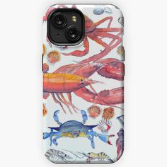 a phone case with an image of crabs and other sea animals on it, all in different colors