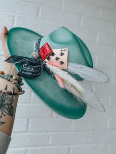 Hat comes with everything you see in photo (accessories MAY vary slightly due to supply).  Hat is adjustable and fits head sizes 18"-24". Trendy Hats For Kentucky Derby Festival, Bohemian Green Hats For Rodeo, Green Bohemian Hat For Rodeo, Green Bohemian Rodeo Hat, Bohemian Style Adjustable Hats For Party, Green Bohemian Hat, Adjustable Bohemian Party Hat, Turquoise Hat For Kentucky Derby Festival, Turquoise Hats For Kentucky Derby And Festivals