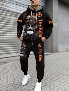 Black Casual Collar   Animal,Letter  Embellished Slight Stretch  Men Clothing Animal Letters, Track Suit Men, Hoodie And Sweatpants, Cool Outfits For Men, Track Suit, Men Clothing, Kids Beachwear, Black Casual, Long Sleeve Hoodie