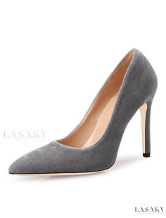 Lasaky - Premium Royal Blue Velvet Stiletto Pumps with Pointed Toe and Slip-On Design - Elegant High Heels for Women Chic Fitted Gray Heels, Gray Fitted Heels For Evening, Fitted Gray Heels For Evening, Elegant Gray Spring Heels, Gray Pointed Toe Party Heels, Gray Pointed Toe Heels For Party, Chic Gray Pointed Toe Heels, Fitted Suede Court Shoes For Party, Elegant Gray Round Toe Heels