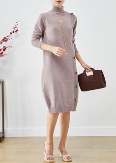 Elegant Light Purple High Neck Button Knit Sweater Dress FallFabric: Knit BlendedSize & Fit: Fit: This garment fits true to size.Length: Size M measures 42.12"from shoulder to hemBust: Great for any cup size. Waist: Loose Fit. Comfortable room throughout midsection.Hip: Loose Fit - room for hips. Hand Wash Cold. Elegant Sweater Dress With Button Closure For Fall, Long Fall Sweater With Buttons, Fitted Midi Length Sweater Dress With Buttons, Fitted Midi Sweater Dress With Buttons, Winter Midi Dress With Button Closure, Knee-length Sweater Dress For Winter Workwear, Chic Sweater Dress With Buttons, Fall Midi Length Sweater Dress With Buttons, Knee-length Buttoned Midi Dress For Winter